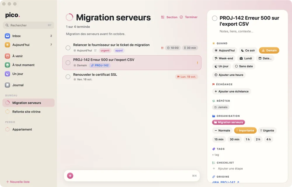 Un projet dans Pico, avec un ticket importé et le détail d'une tâche