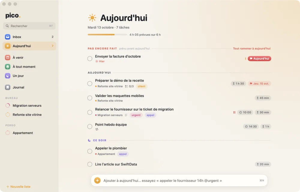 Pico, la liste Aujourd'hui : les tâches du jour, la section Ce soir et la jauge de charge de la journée